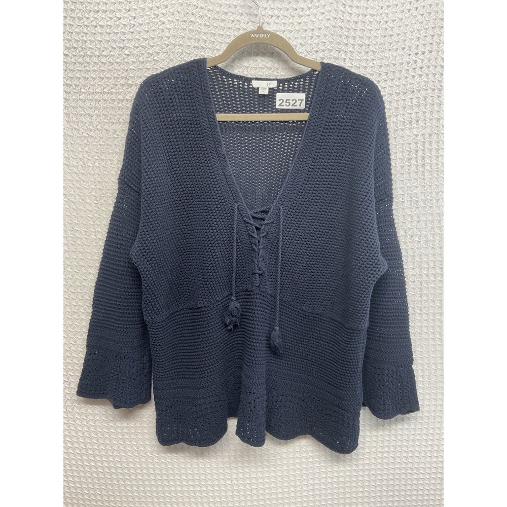 J‎ JILL Navy 100% Cotton Open Crocheted Scalloped Hem+Sleeves Vneck Tunic Top